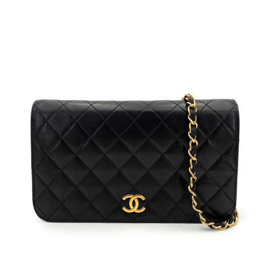CHANEL VINTAGE FULL FLAP PUSH LOCK CHAIN SHOULDER BAG BLACK LAMB SKIN 90240943
