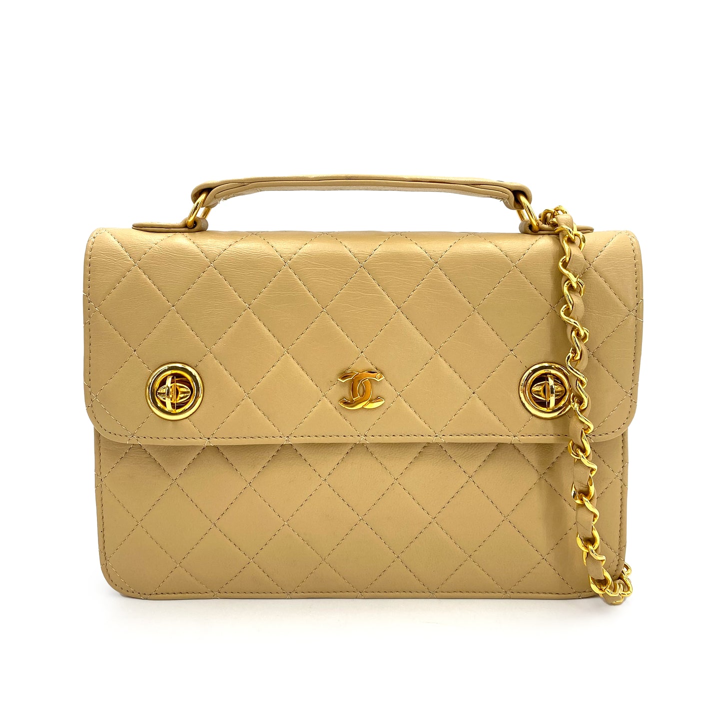 CHANEL VINTAGE DOUBLE TURN LOCK CHAIN SHOULDER BAG BEIGE LAMB SKIN 90240961