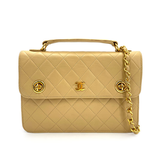 CHANEL VINTAGE DOUBLE TURN LOCK CHAIN SHOULDER BAG BEIGE LAMB SKIN 90240961