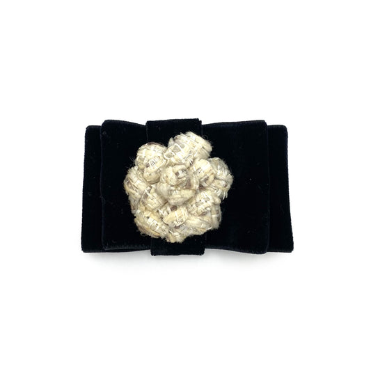CHANEL VINTAGE BROACH CAMELLIA BLACK TWEED VELOUR ACCESSORY 90240968