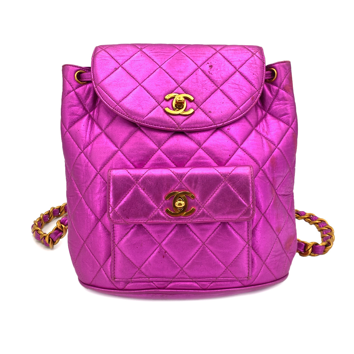 CHANEL VINTAGE DUMA CHAIN BACKPACK METALLIC PINK LAMB SKIN 90241255