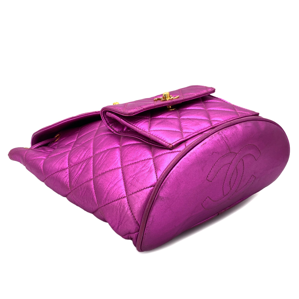 CHANEL VINTAGE DUMA CHAIN BACKPACK METALLIC PINK LAMB SKIN 90241255