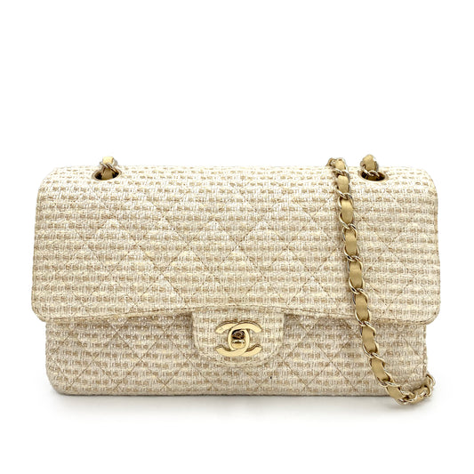 CHANEL VINTAGE CLASSIC FLAP MEDIUM CHAIN SHOULDER BAG WHITE BEIGE TWEED 90241267