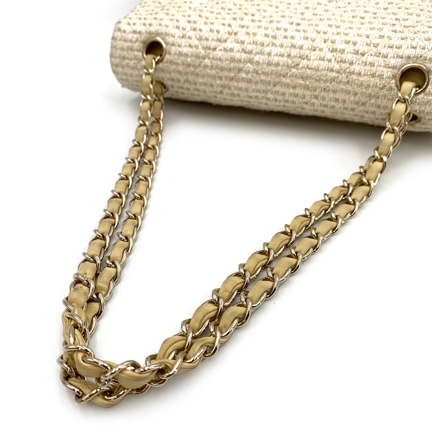 CHANEL VINTAGE CLASSIC FLAP MEDIUM CHAIN SHOULDER BAG WHITE BEIGE TWEED 90241267