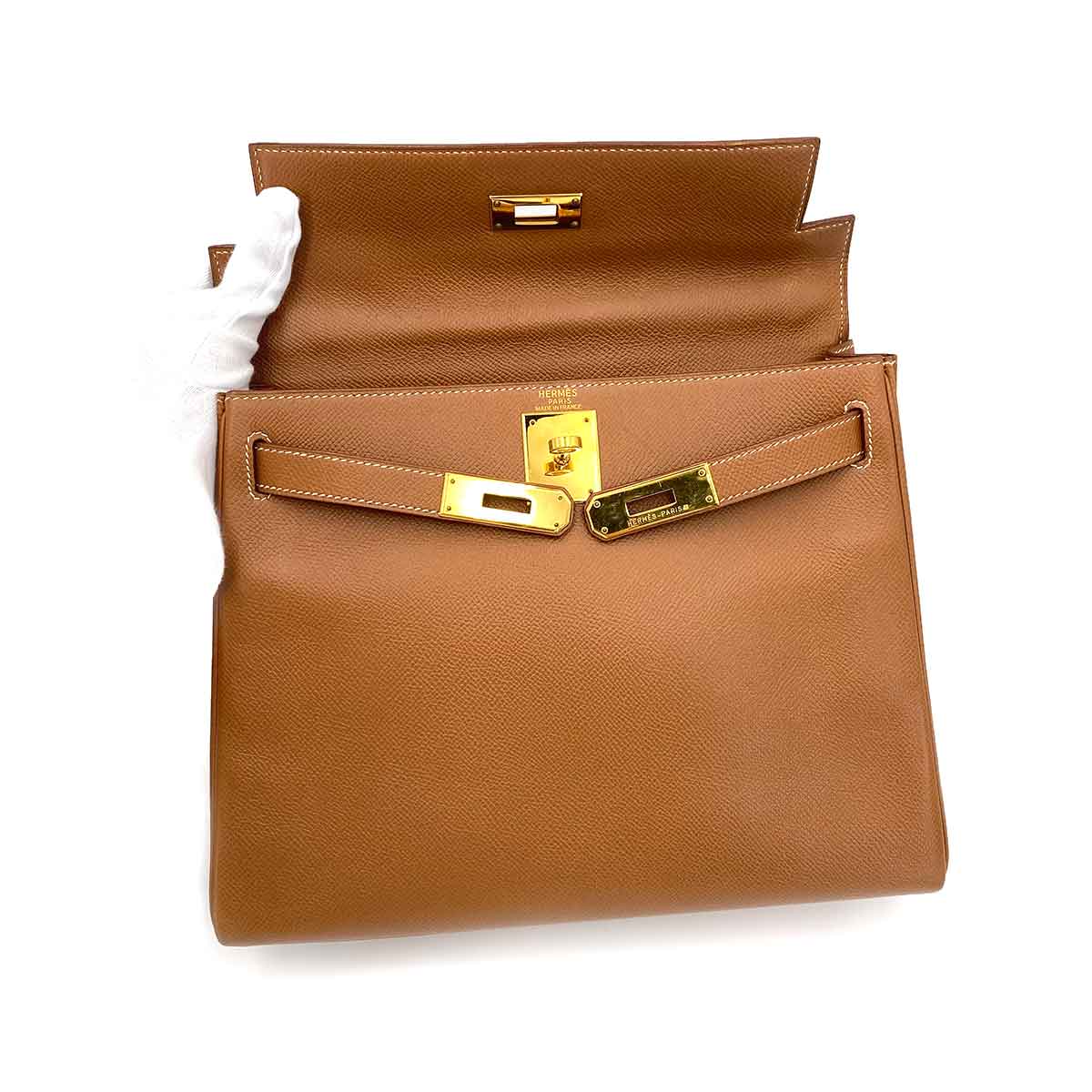 HERMES KELLY 28 RETOURNE GOLD COUCHEVEL HAND SHOULDER BAG □A 90241274
