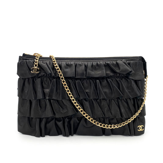 CHANEL VINTAGE FRILLS CHAIN SHOULDER BAG BLACK LAMB SKIN 90241281