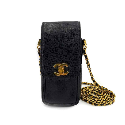 CHANEL VINTAGE MOBILE CASE CHAIN SHOULDER BLACK CAVIAR SKIN 90241287