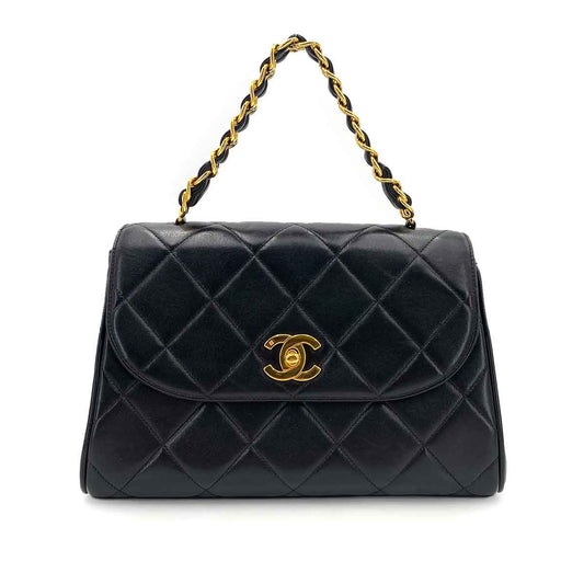 CHANEL VINTAGE TRAPEZOID CHAIN HAND BAG BLACK LAMB SKIN 90241295