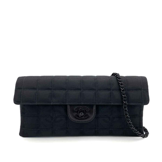CHANEL VINTAGE NEW TRAVEL LINE EAST WEST CHOCOLATE BAR CHAIN SHOULDER BAG BLACK NYLON  90241297