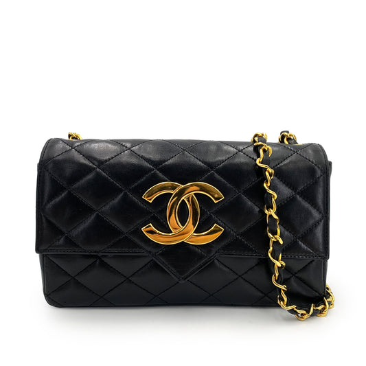 CHANEL VINTAGE BIG COCO MATELASSE CHAIN SHOULDER BAG BLACK LAMB SKIN 90241315