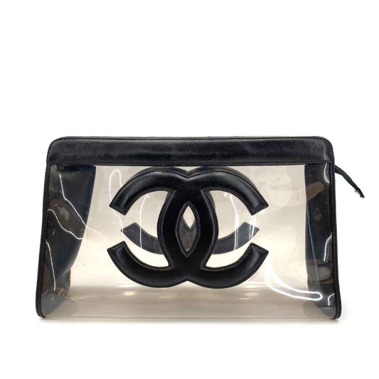 CHANEL VINTAGE BIG COCO CLEAR CLUTCH BAG BLACK VINYL LEATHER 90241318