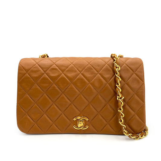 CHANEL VINTAGE FULL FLAP CHAIN SHOULDER BAG CAMEL LAMB SKIN 90241327