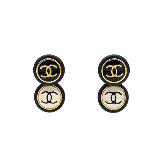 CHANEL VINTAGE EARRINGS DOUBLE COCOMARK ROUND BLACK WHITE ACCESSORY 95A 90241331