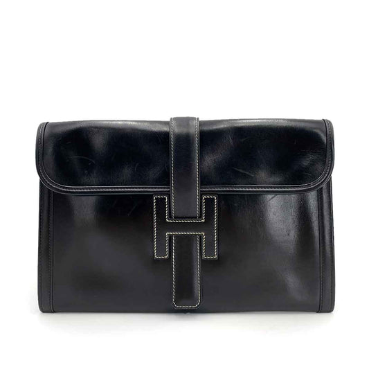 HERMES JIGE BLACK BOXCALF CLUTCH BAG C 90241339