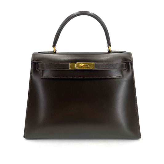 HERMES KELLY 28 SELLIER BROWN BOXCALF HAND BAG 〇J 90241637