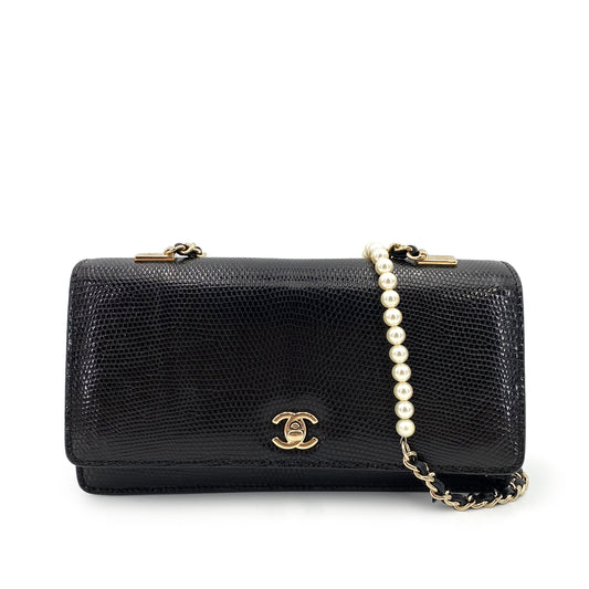 CHANEL FAKE PEARL CHAIN SHOULDER BAG BLACK LIZARD 90241644
