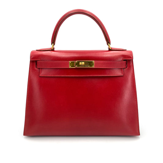 HERMES KELLY 28 SELLIER ROUGE VIF BOXCALF HAND BAG □C 90241664