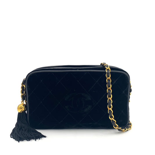 CHANEL VINTAGE FRINGE CHAIN SHOULDER BAG BLACK VELOUR 90241667