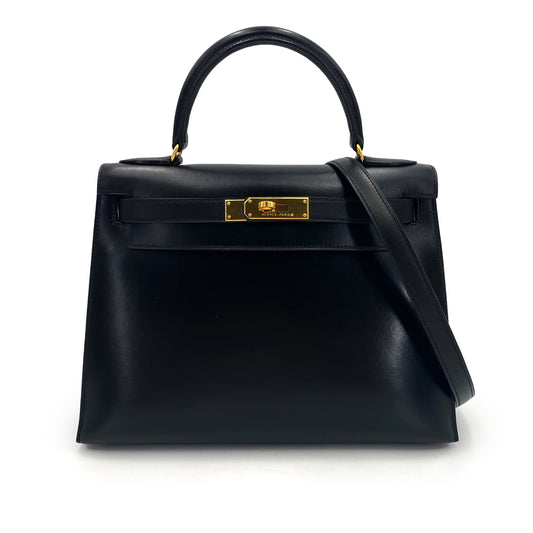 HERMES KELLY 28 SELLIER BLACK BOXCALF HAND SHOULDER BAG □A 90241674