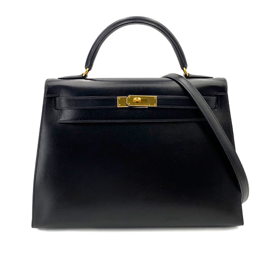 HERMES KELLY 32 SELLIER BLACK  BOXCALF HAND SHOULDER BAG □B 90241688