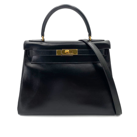 HERMES KELLY 28 RETOURNE BLACK BOXCALF HAND SHOULDER BAG 〇R 90241691