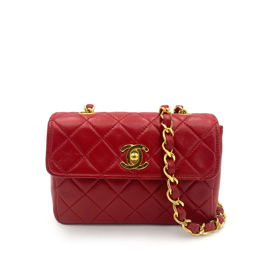 CHANEL VINTAGE MINI MATELASSE CHAIN SHOULDER BAG RED LAMB SKIN 90241698