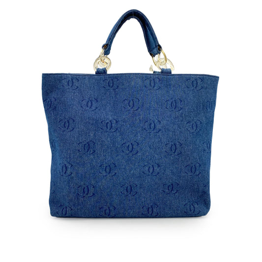 CHANEL VINTAGE CLEAR CHAIN TOTE BAG BLUE DENIM 90241716