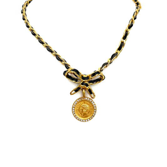 CHANEL VINTAGE CHAIN NECKLACE LEATHER RIBBON RHINESTONE ACCESSORY 96P 90241718