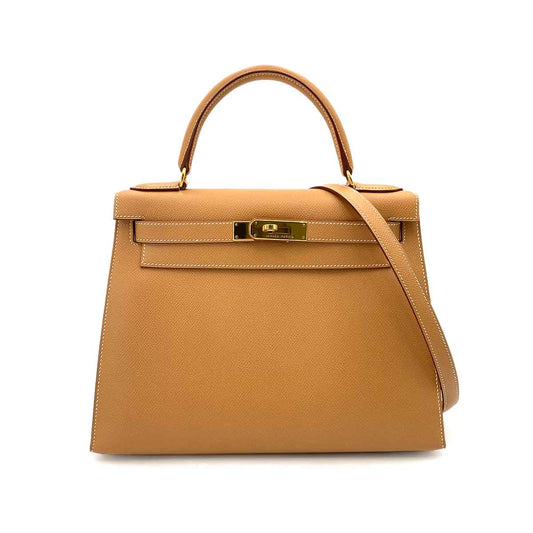 HERMES KELLY 28 SELLIER NATURAL COUCHEVEL HAND SHOULDER BAG □A 90241755
