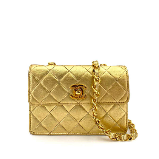 CHANEL VINTAGE MINI MATELASSE CHAIN SHOULDER BAG METALLIC GOLD LAMB SKIN 90241759
