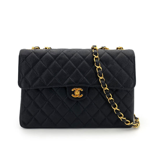 CHANEL VINTAGE JUMBO MATELASSE 30 CHAIN SHOULDER BAG BLACK CAVIAR SKIN 90241767