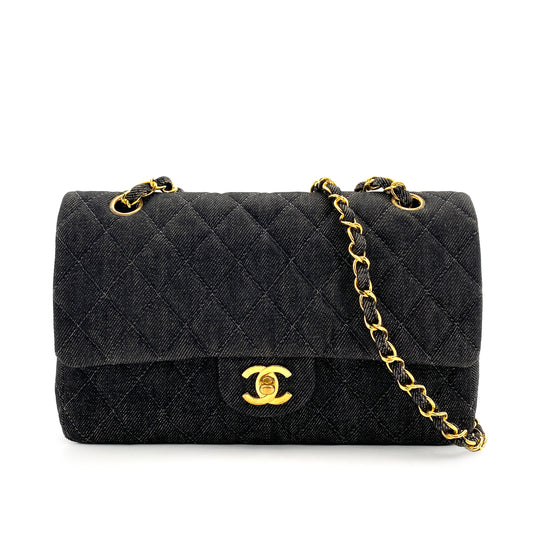CHANEL VINTAGE CLASSIC FLAP MEDIUM CHAIN SHOULDER BAG BLACK DENIM 90241769