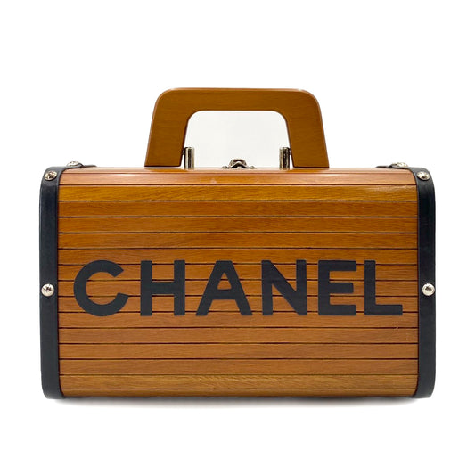 CHANEL VINTAGE WOOD VANITY HAND BAG WOOD LEATHER BROWN 90241772