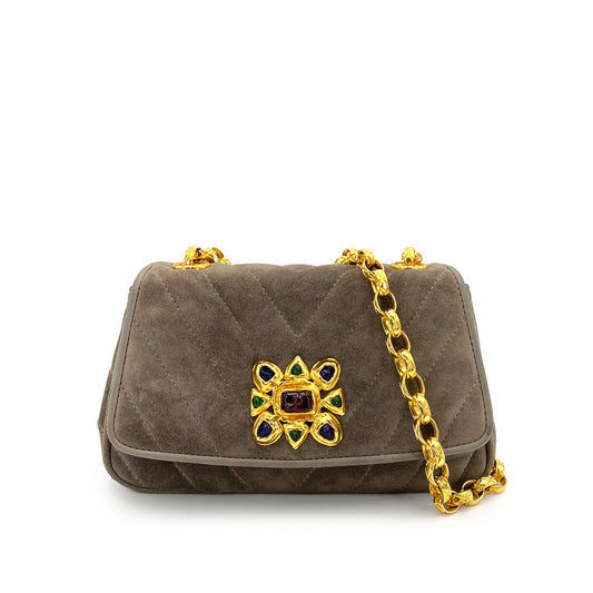 CHANEL VINTAGE CHEVRON COLORSTONE BIJOU CHAIN SHOULDER BAG KHAKI SUEDE 90241791