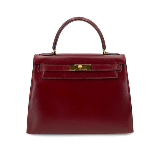 HERMES KELLY 28 SELLIER BORDEAUX BOX CARF HAND BAG 〇Q 90241792