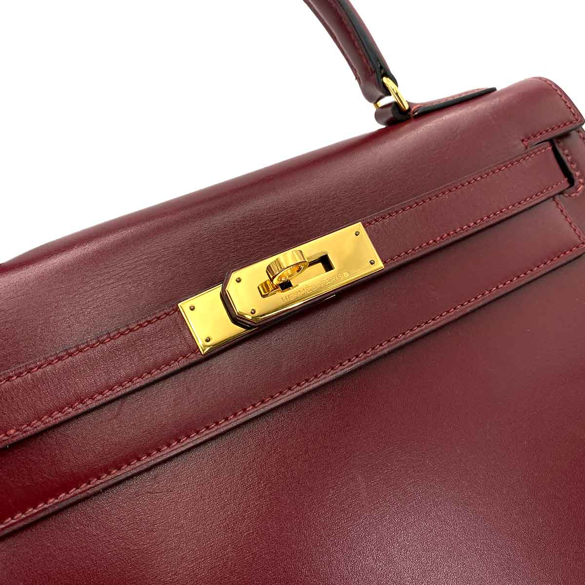 HERMES KELLY 28 SELLIER BORDEAUX BOX CARF HAND BAG 〇Q 90241792