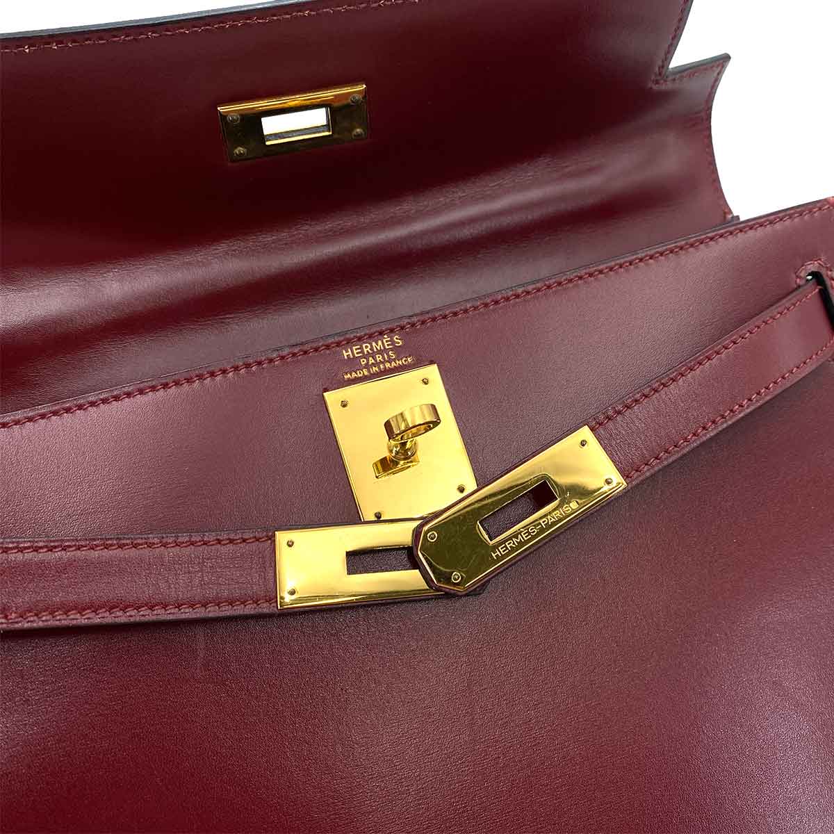HERMES KELLY 28 SELLIER BORDEAUX BOX CARF HAND BAG 〇Q 90241792