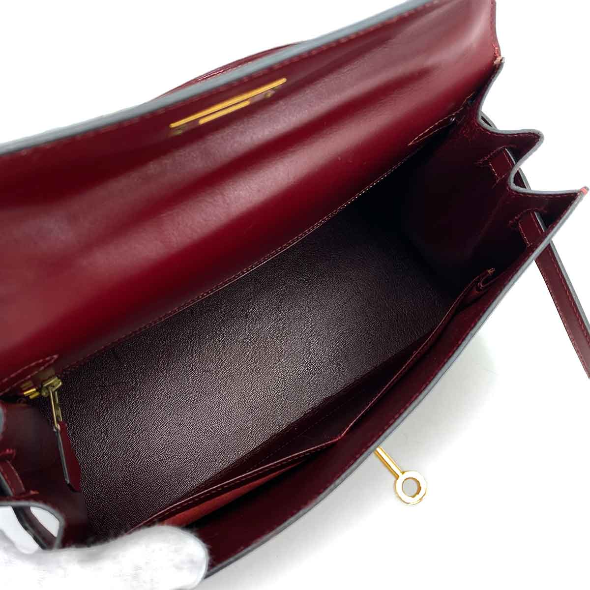 HERMES KELLY 28 SELLIER BORDEAUX BOX CARF HAND BAG 〇Q 90241792