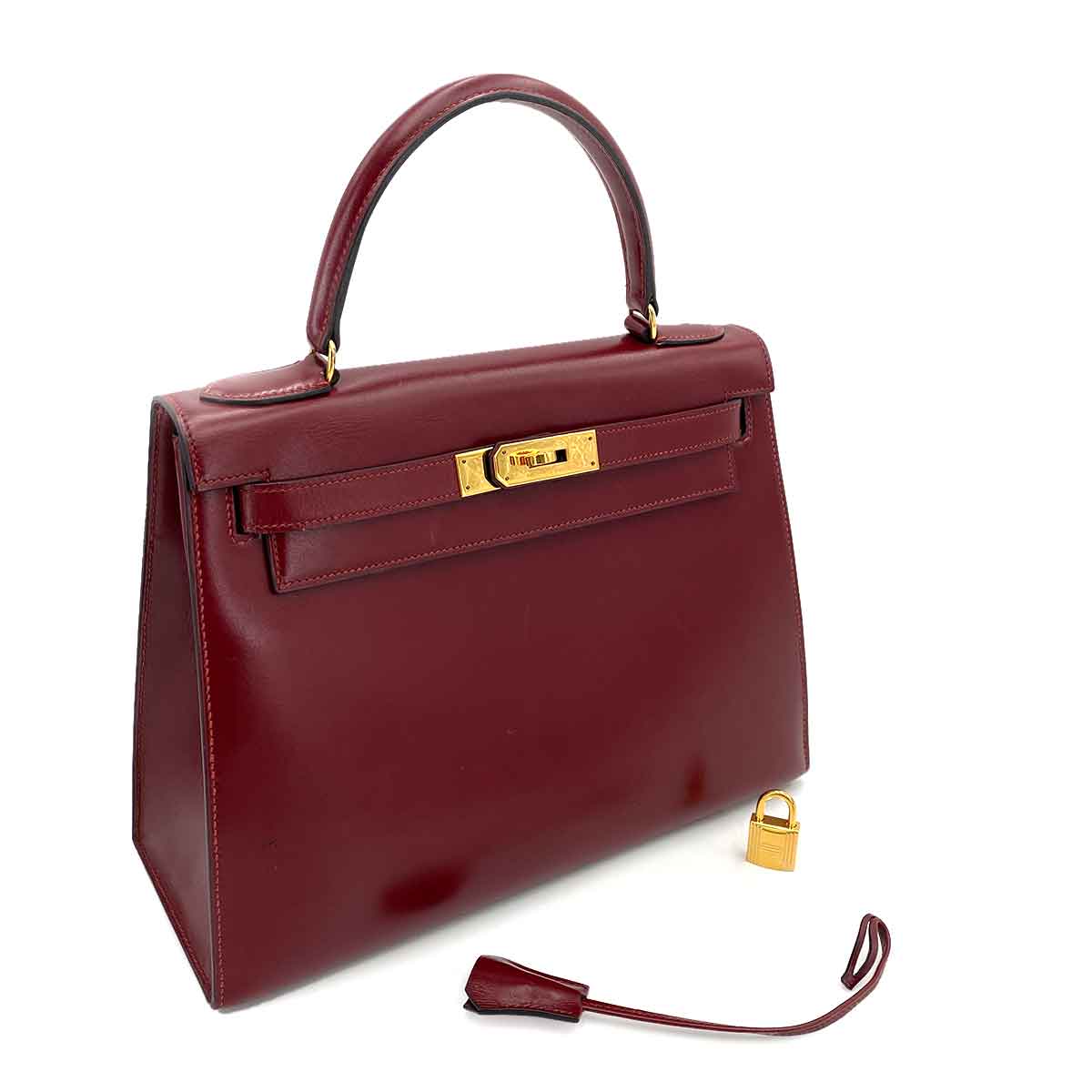 HERMES KELLY 28 SELLIER BORDEAUX BOX CARF HAND BAG 〇Q 90241792