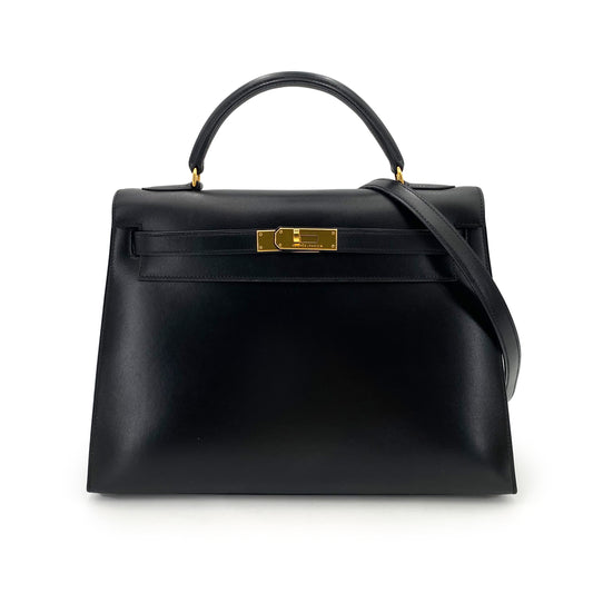 HERMES KELLY 32 SELLIER BLACK BOXCALF HAND SHOULDER BAG 〇A 90241794