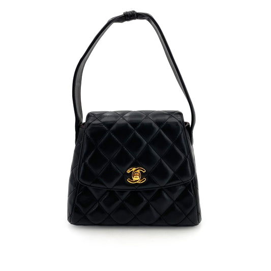 CHANEL VINTAGE MATELASSE HAND BAG BLACK LAMB SKIN 90242116