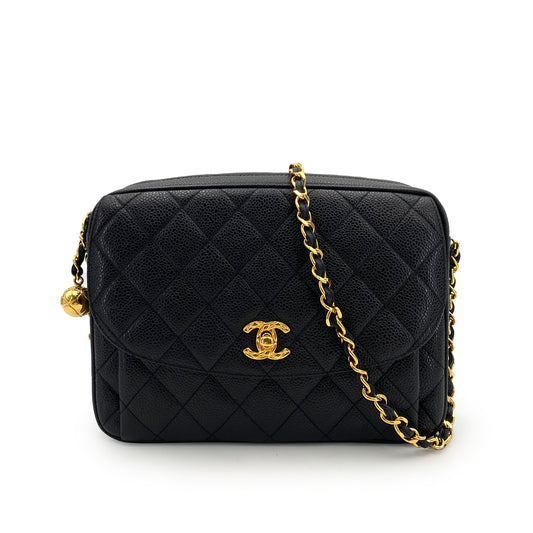 CHANEL VINTAGE MATELASSE CHAIN SHOULDER BAG BLACK CAVIAR SKIN 90242118
