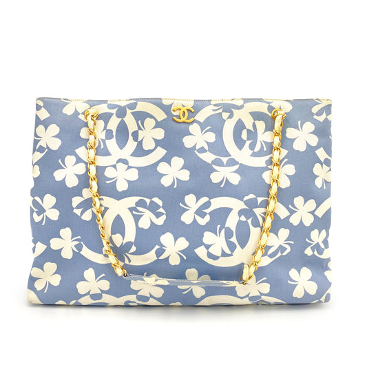 CHANEL VINTAGE COCOMARK CLOVER CHAIN TOTE BAG BLUE WHITE CANVAS 90242125