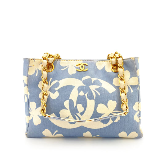 CHANEL VINTAGE COCOMARK CLOVER TOTE BAG BLUE WHITE CANVAS 90242127