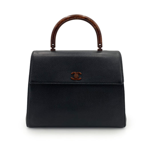 CHANEL VINTAGE WOOD HANDLE HAND BAG BLACK CAVIAR SKIN 90242139