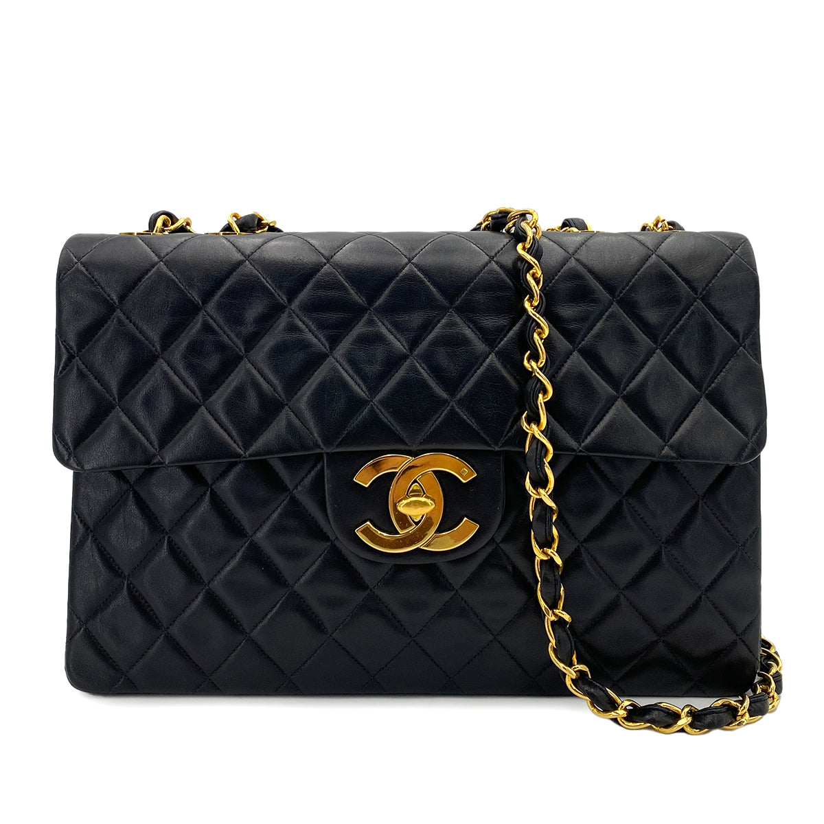CHANEL VINTAGE MAXI MATELASSE 34 CHAIN SHOULDER BAG BLACK LAMB SKIN 90242144