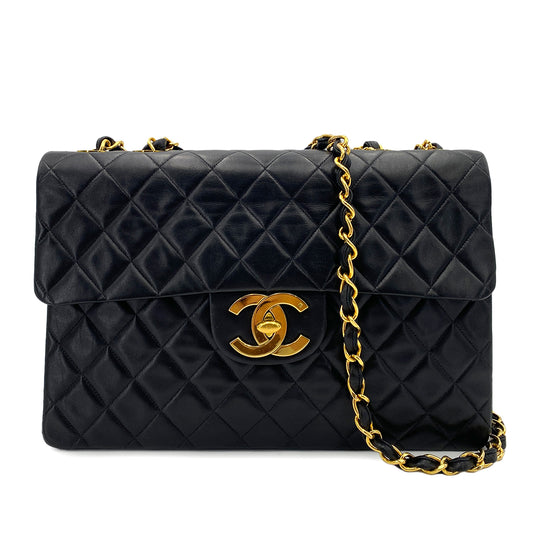 CHANEL VINTAGE MAXI MATELASSE 34 CHAIN SHOULDER BAG BLACK LAMB SKIN 90242144