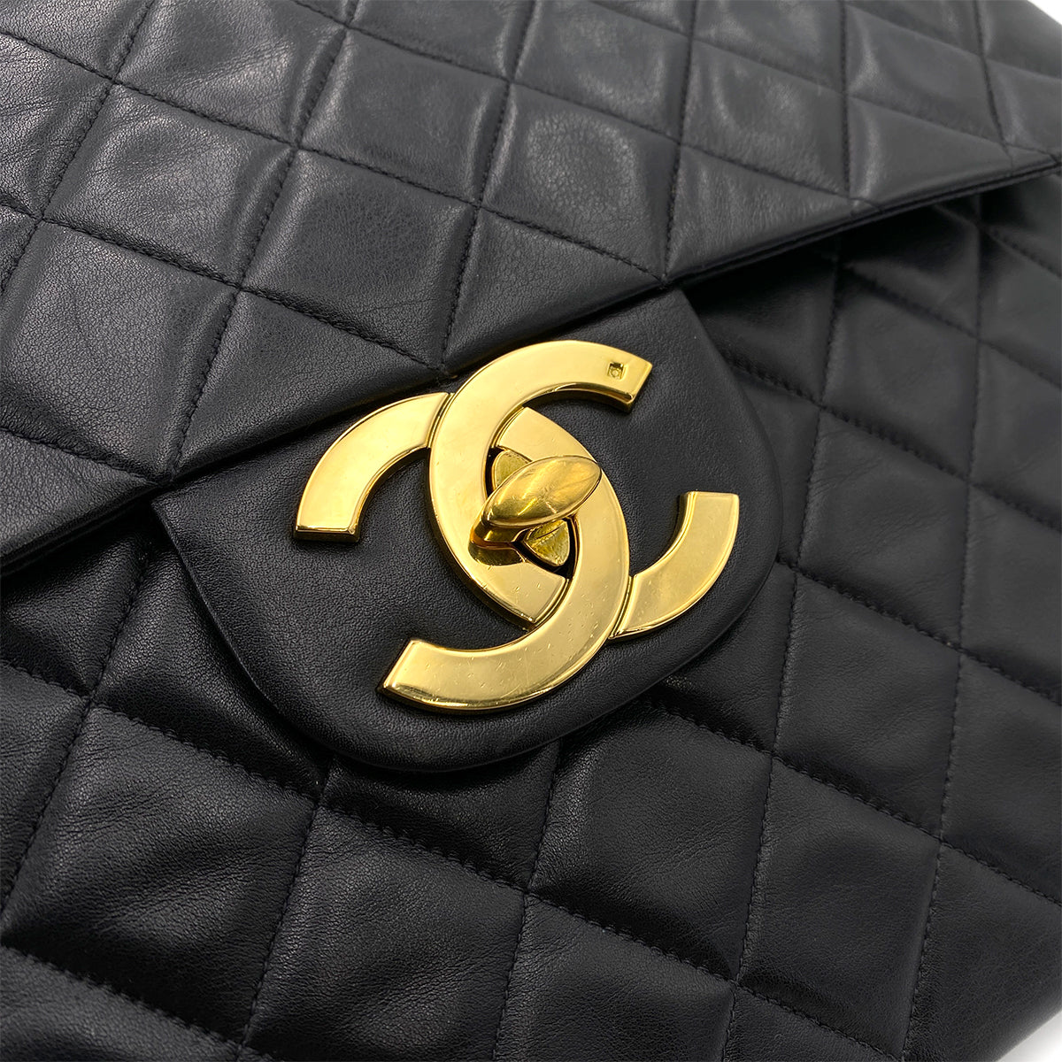 CHANEL VINTAGE MAXI MATELASSE 34 CHAIN SHOULDER BAG BLACK LAMB SKIN 90242144