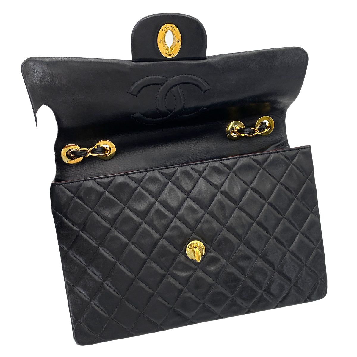 CHANEL VINTAGE MAXI MATELASSE 34 CHAIN SHOULDER BAG BLACK LAMB SKIN 90242144