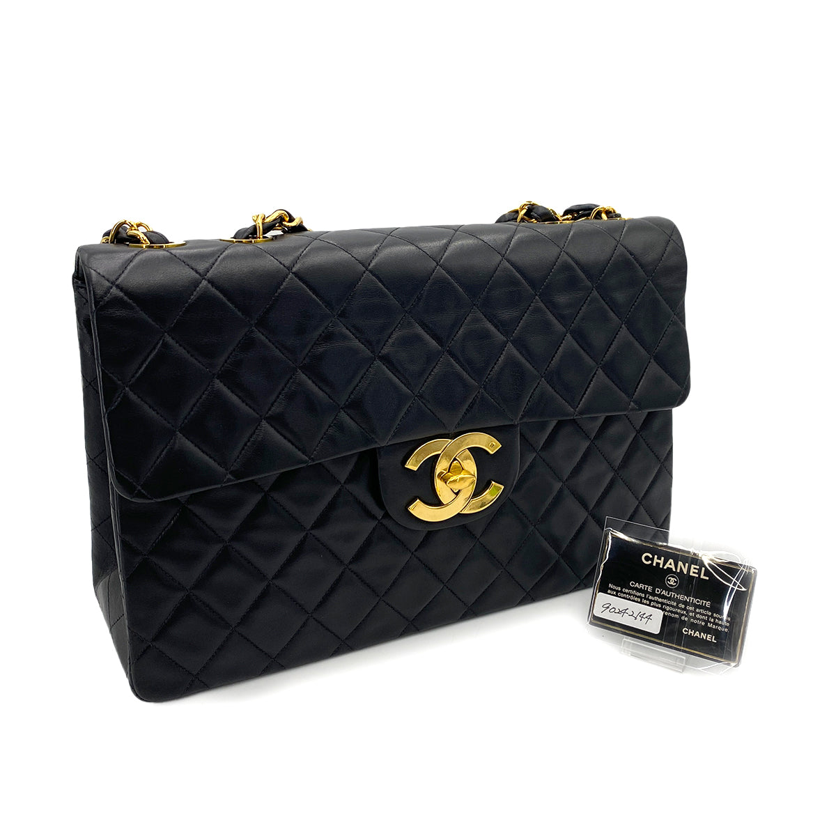 CHANEL VINTAGE MAXI MATELASSE 34 CHAIN SHOULDER BAG BLACK LAMB SKIN 90242144